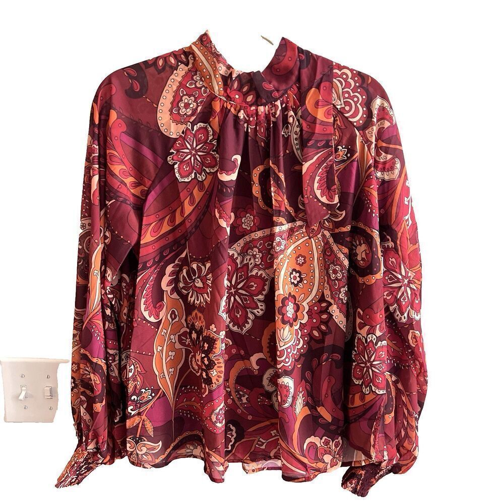 AURA Red Paisley Blouse Tie Neck Flowy Balloon Sleeves Top Large Women’s NWT